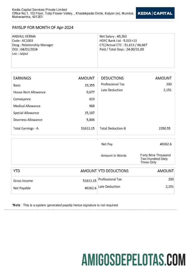 Realista Modelo de recibo de pagamento de serviços de investimento Kedia Capital Services em formatos Word e PDF.pdf, 1